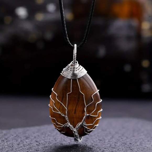 Tiger Eye Natural Gemstone Tree Of Life Wire Wrap Pendant Necklace - Picture 1 of 2